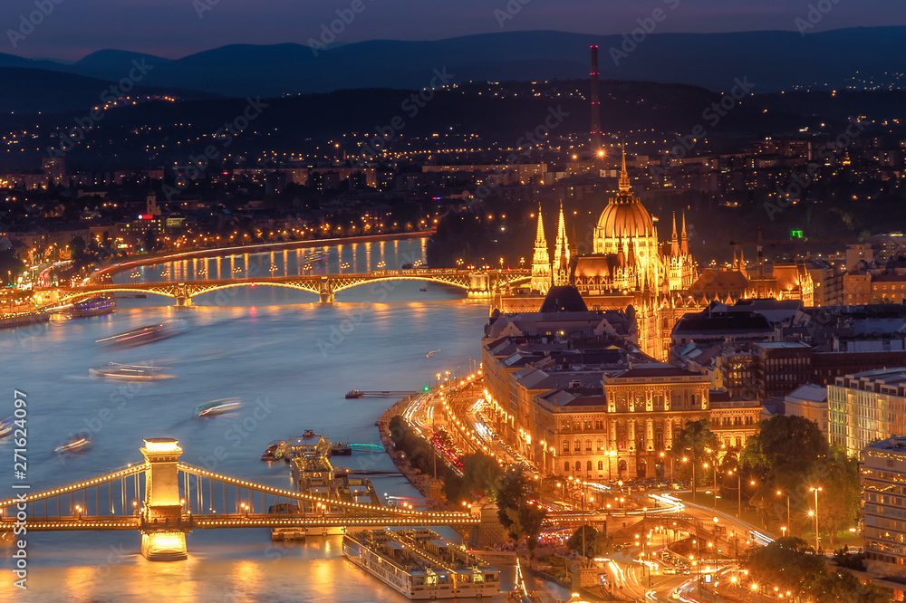 Aerial view of Budapest, Hungary with Chain bridge and Parliament building at night