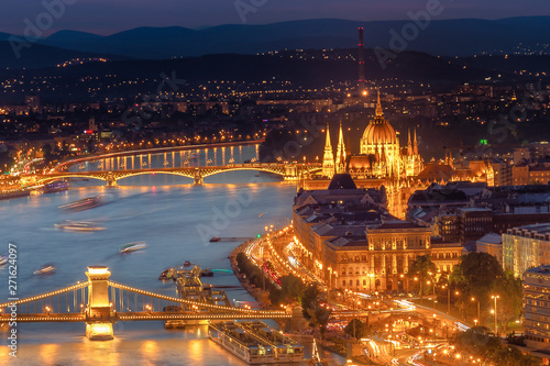 Aerial view of Budapest, Hungary with Chain bridge and Parliament building at night