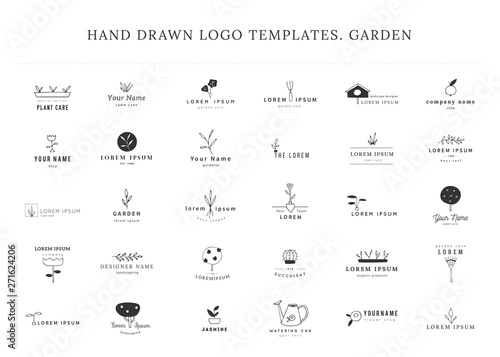 Vector garden logo templates set. Hand drawn isolated elements.