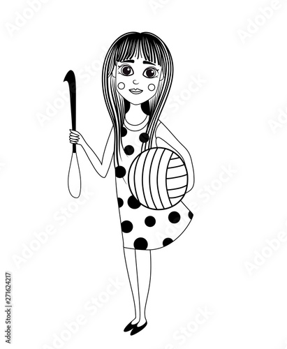 Girl holding a crochet hook and threads for knitting. Vector illustration.
