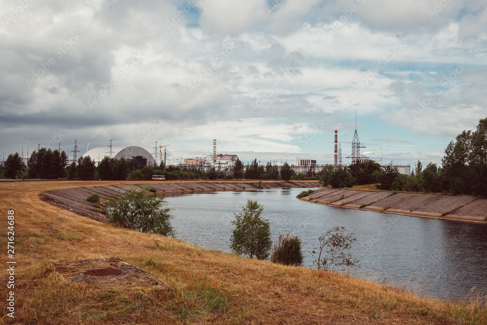 Chernobyl Nuclear Power Plant after atomic reactor explosion. Destroyed abandoned station and ghost city Pripyat ruins, Chernobyl disaster. Exclusion zone, Radiation Risk, fallout lost place.