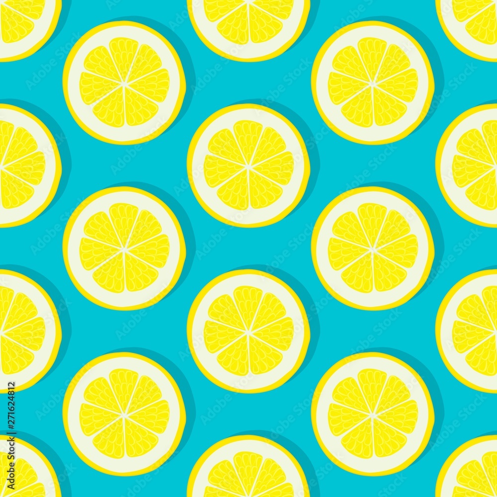 Lemon slice seamless pattern on blue background