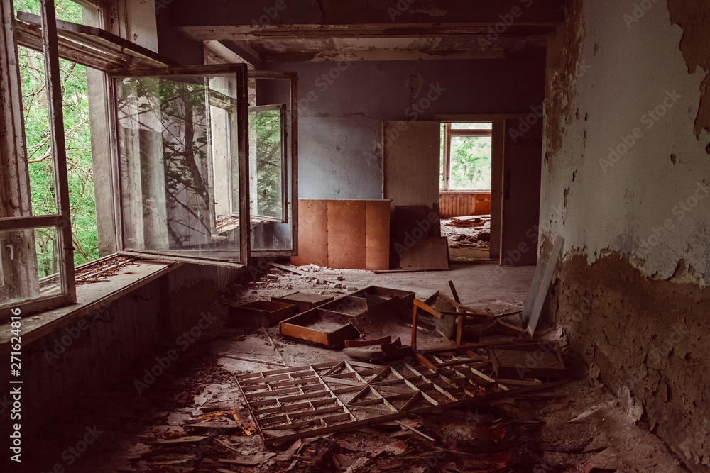 Destroyed abandoned ghost city Pripyat ruins after Chernobyl disaster.  Chernobyl Nuclear Power Plant atomic reactor explosion. Exclusion zone,  radiation risk, fallout lost town, apocalyptic building. Stock Photo |  Adobe Stock