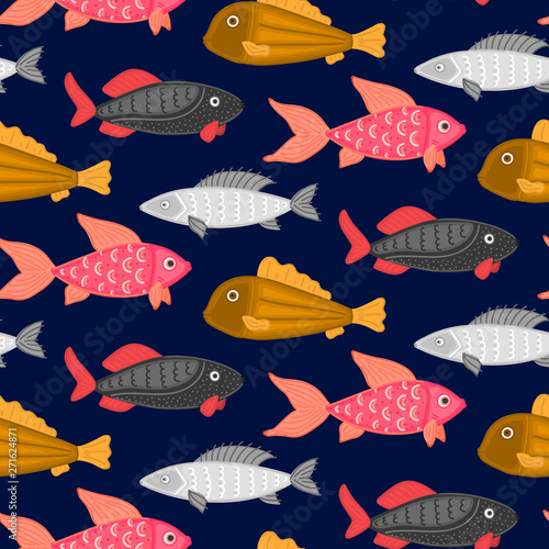 Vector seamless pattern with colorful abstract fish. Undersea world. Aquarium. Wrapping paper, package, wallpaper, poster, clothing and other textile in a pet store, fishing gear shop or aquapark