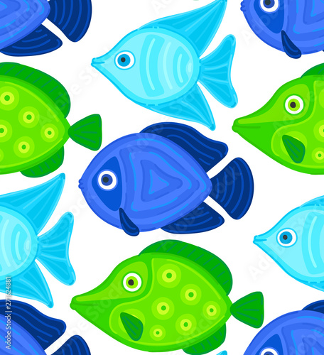 Vector seamless pattern with colorful abstract fish. Undersea world. Aquarium. Wrapping paper, package, wallpaper, poster, clothing and other textile in a pet store, fishing gear shop or aquapark