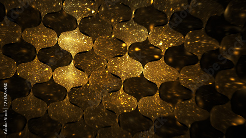 Abstract geometric background with blurred golden sparkles. Fantastic light effect. Digital fractal art. 3d rendering.
