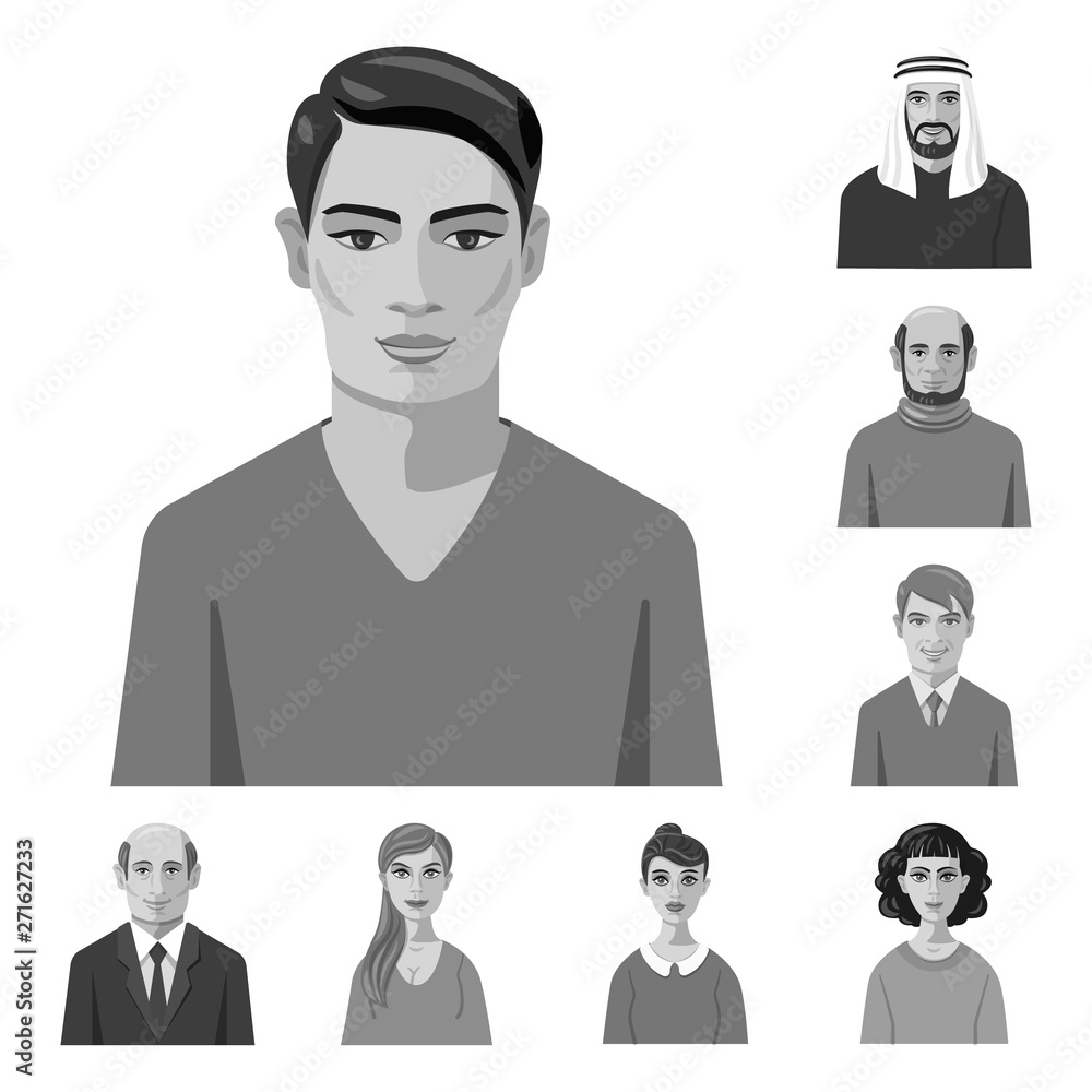 Vector illustration of face and person sign. Set of face and portrait stock vector illustration. Vector illustration of face and person sign. Set of face and portrait stock vector illustration.