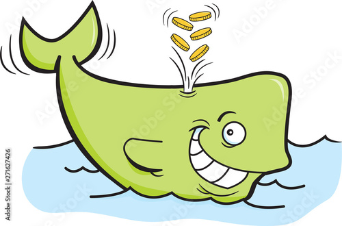 Cartoon illustration of a whale spouting gold coins.