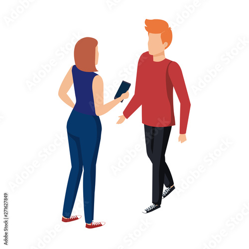 young couple talking with smartphone
