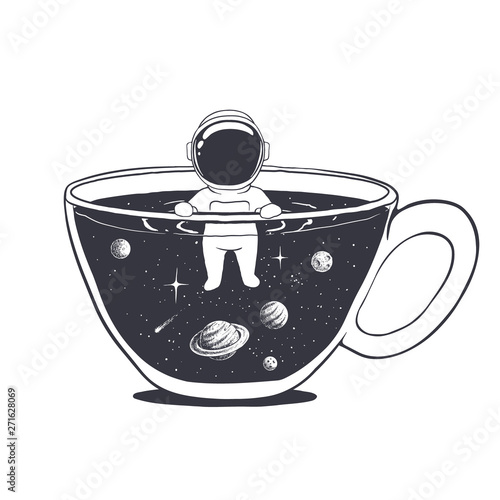 astronaut swims in a cup with space