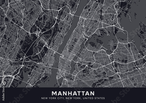 Manhattan map. Dark poster with map of Manhattan borough (New York, United States). Highly detailed map of Manhattan with water objects, roads, railways, etc. Printable poster.