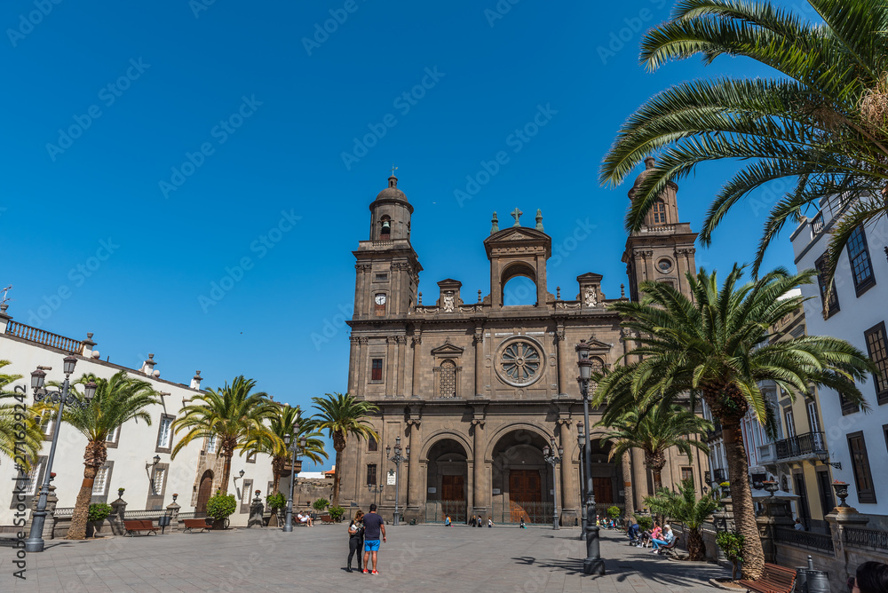 LAS PALMAS DE GRAN CANARIA, SPAIN - MARCH 10, 2019: The Cathedral of Saint Ana situated in the old district Vegueta.