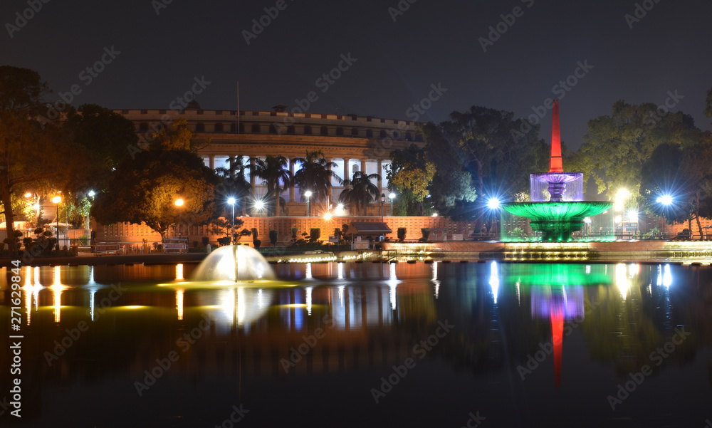 Fountain near the Parliament of India during night