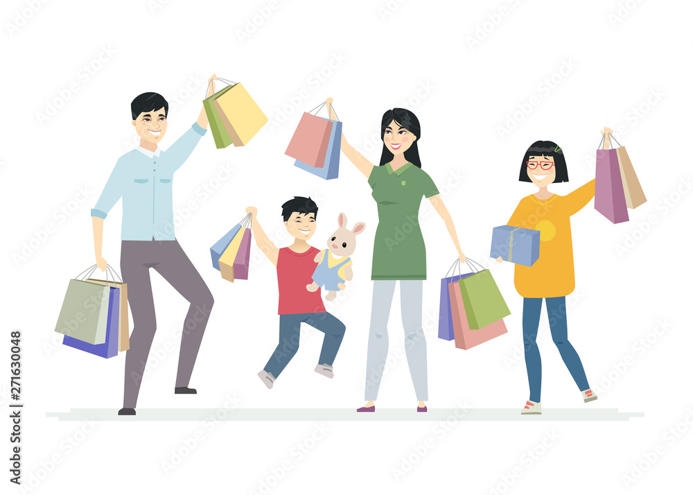 Obraz premium Happy Chinese family enjoys shopping - cartoon people characters illustration