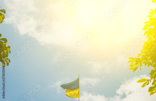 The national blue-yellow flag of Ukraine against the background of a clear blue sky flutters in the wind on a fagall on a sunny day. copy space