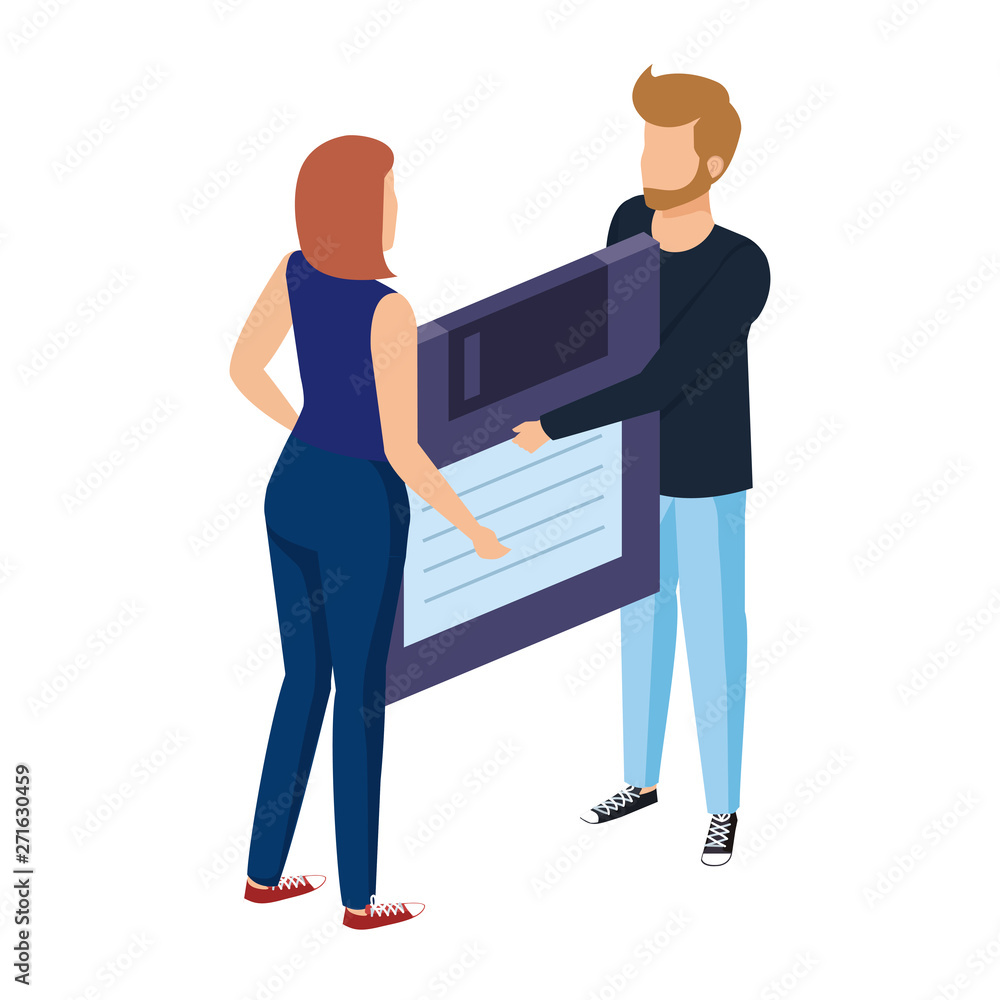 young couple lifting floppy disk data storage young couple lifting floppy disk data storage