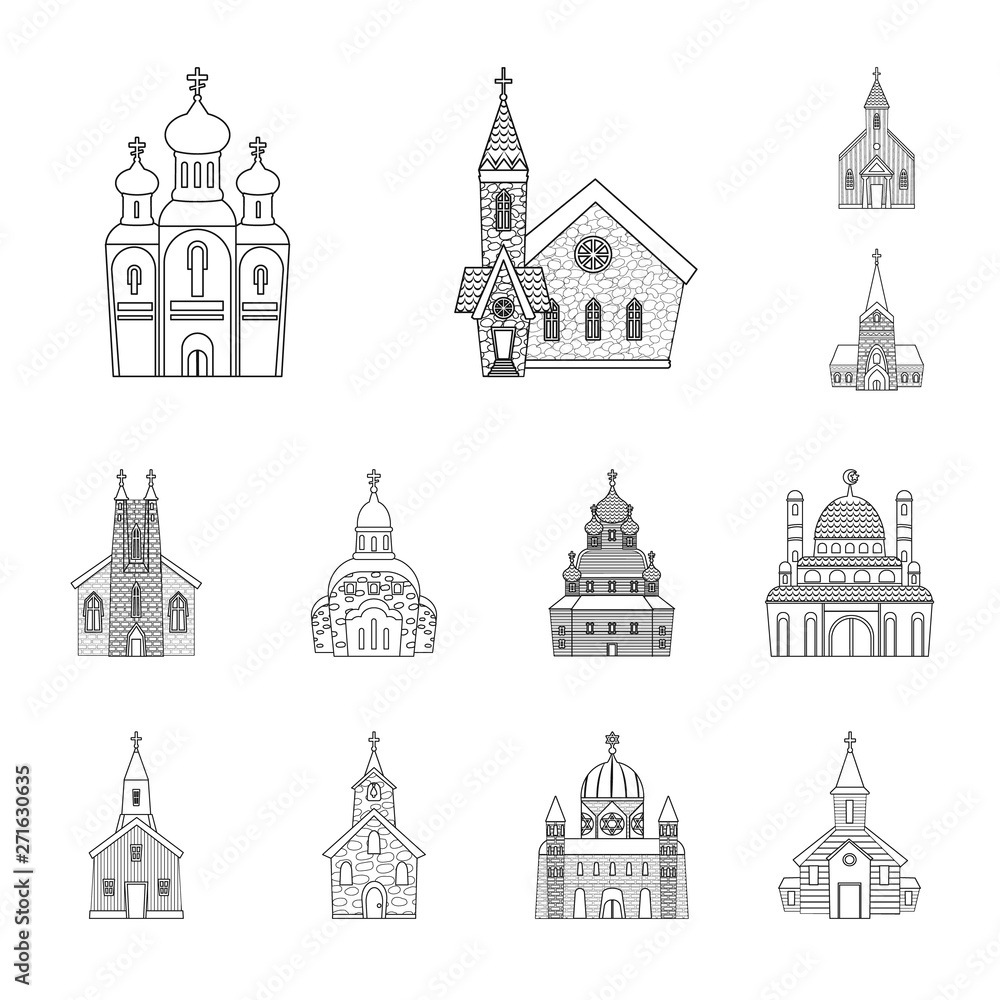 Isolated object of architecture and faith symbol. Set of architecture and temple stock vector illustration.