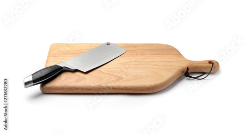 Stainless steel cleaver knife with plastic handle on board against white background