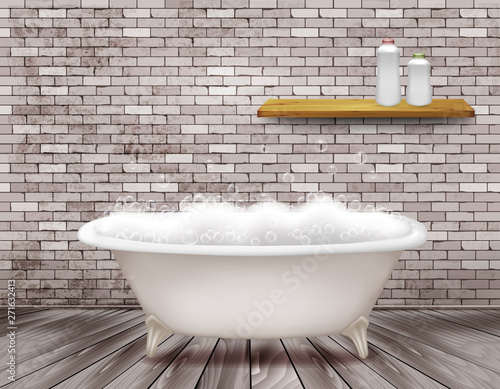 Luxury vintage bathtub with soap foam in bathroom. Vector illustration