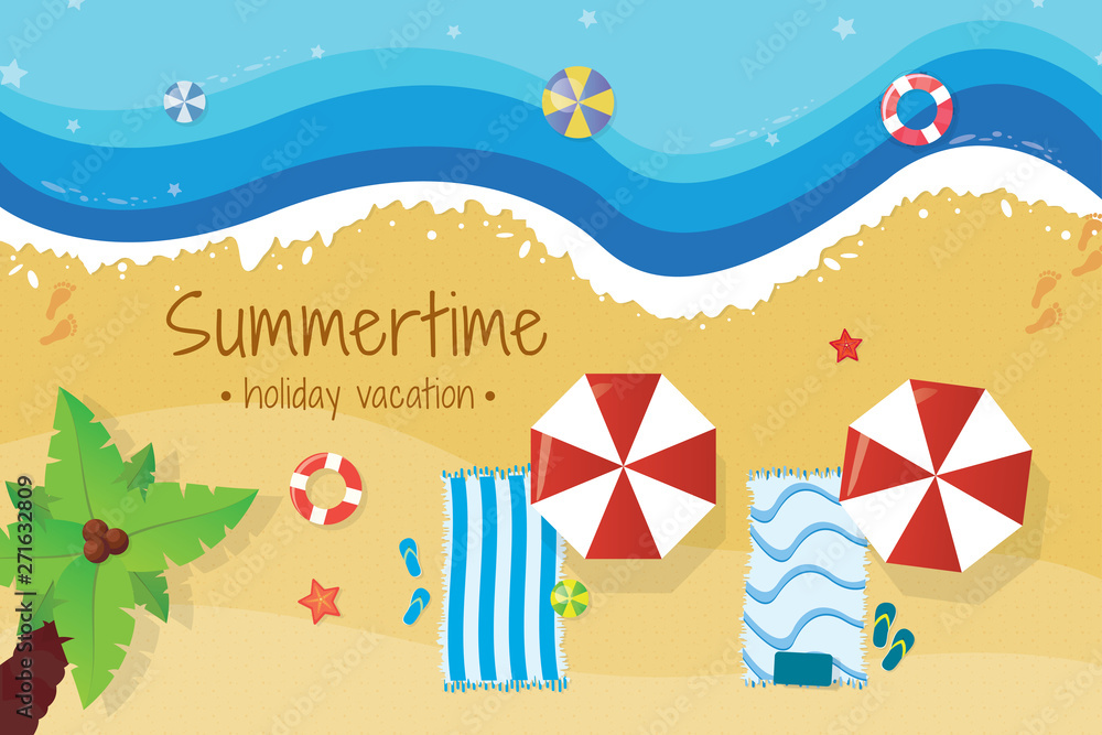 Vector summer top view beach with waves, umbrellas, beach towels, palm trees, starfish, sandals, beach balls and sand texture effect. Waves in different colors and with room for text. Vector summer top view beach with waves, umbrellas, beach towels, palm trees, starfish, sandals, beach balls and sand texture effect. Waves in different colors and with room for text.