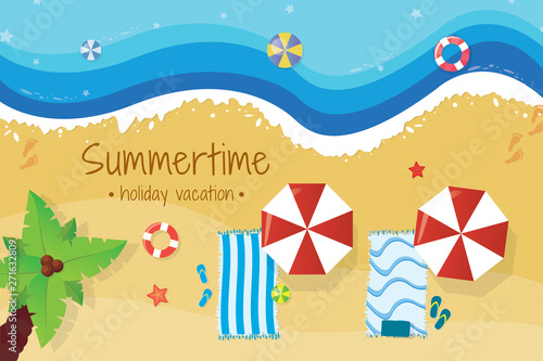 Vector summer top view beach with waves, umbrellas, beach towels, palm trees, starfish, sandals, beach balls and sand texture effect. Waves in different colors and with room for text.