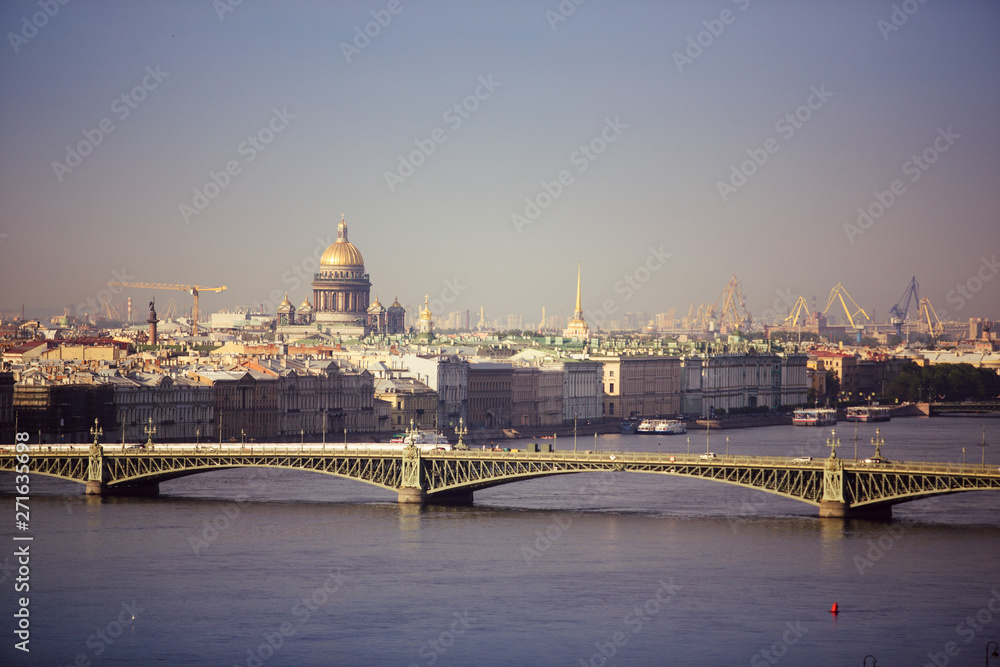 St. Petersburg. Morning landscape from the height of bird flight. View of the Neva River, the embankment, bridges, St. Isaac's Cathedral and the Admiralty