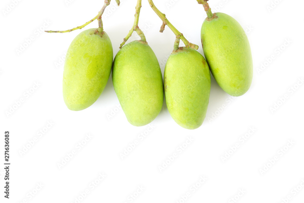 Top view Thai green mango bunch fruit, taste is very sour unique isolated on white background Top view Thai green mango bunch fruit, taste is very sour unique isolated on white background