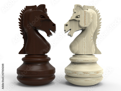 3D rendering - black and white chess horses