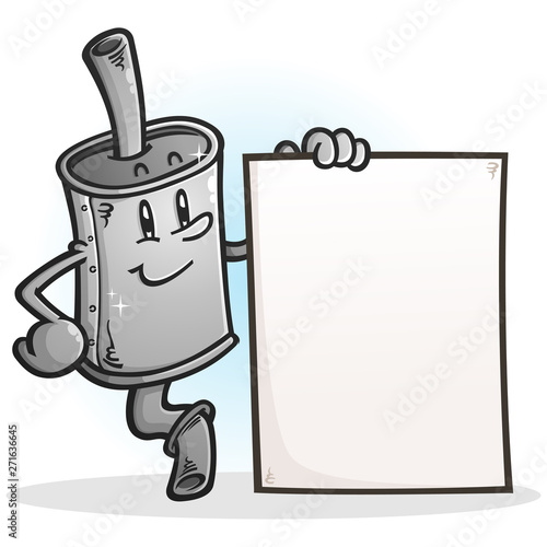 A brand new muffler cartoon holding a blank poster sign for advertising car services