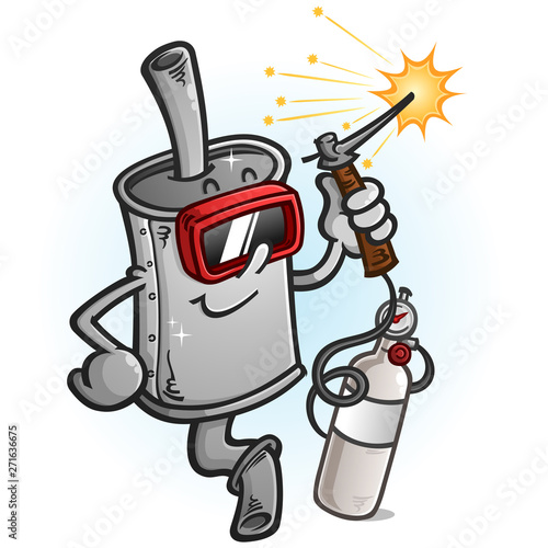 A shiny new muffler cartoon mascot wearing safety gear and using a welding torch with a gas tank with sparks flying everywhere