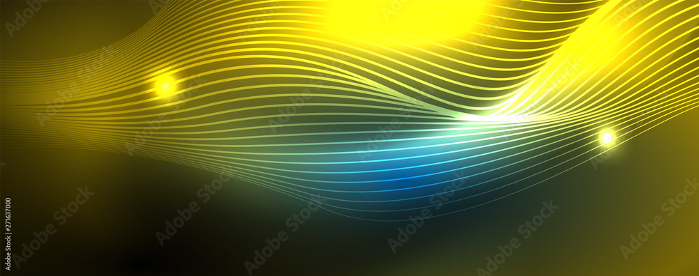 Smooth wave lines on blue neon color light background. Glowing abstract wave on dark, shiny motion, magic space light Smooth wave lines on blue neon color light background. Glowing abstract wave on dark, shiny motion, magic space light
