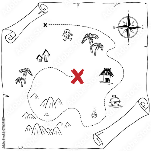 pirates treasure map hand drawn cartoon black ink isolated on white , palms at uninhabited island cross sign way search gold chest , rose of wind compass north at sea or ocean , vector illustration