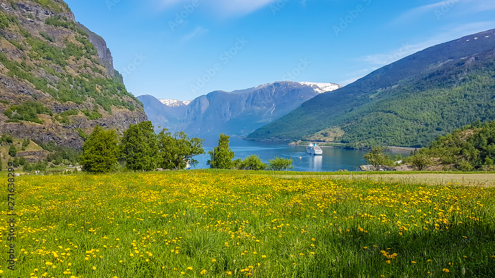 A pictoresque view on port located at the Sognefjord, Norway. Few ships parked in the port. In front a meadow covered with yellow flowers. Tall mountains in the back. Clear and beautiful day.
