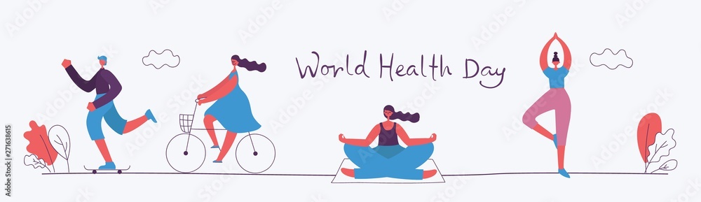 Vector illustration concept flat design of men and women doing sport and healthy lifestyle background - World Health Day Vector illustration concept flat design of men and women doing sport and healthy lifestyle background - World Health Day