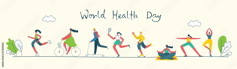 Vector illustration concept flat design of men and women doing sport and healthy lifestyle background - World Health Day Vector illustration concept flat design of men and women doing sport and healthy lifestyle background - World Health Day