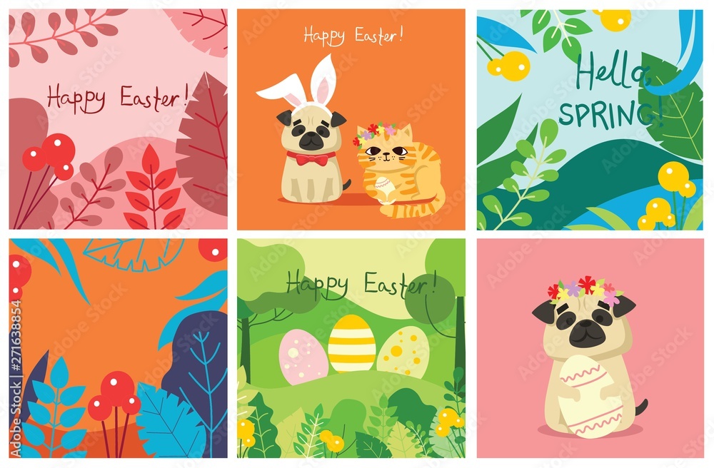 Vector Easter card with cute puppy dogs and cats with rabbit ears, spring flower, eggs and hands hold easter eggs- Happy Easter in the flat style