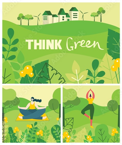 Vector illustration ECO backgrounds of Concept of green eco energy and quote Save the planet. Landscape, forest, hills and trees with wind turbines in flat geometric style 