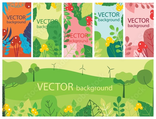 Vector abstract floral herbal background set with spring or summer leaves and flowers for banners, posters, cover design templates and wallpapers in flat design