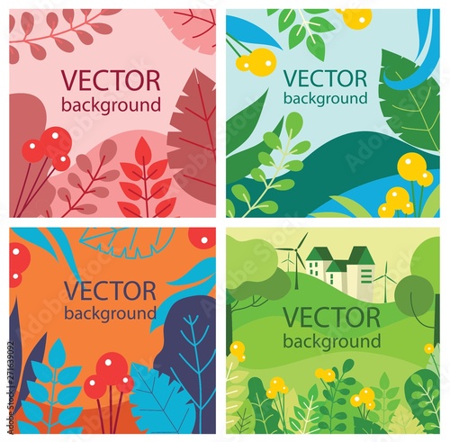 Vector abstract floral herbal background set with spring or summer leaves and flowers for banners, posters, cover design templates and wallpapers in flat design