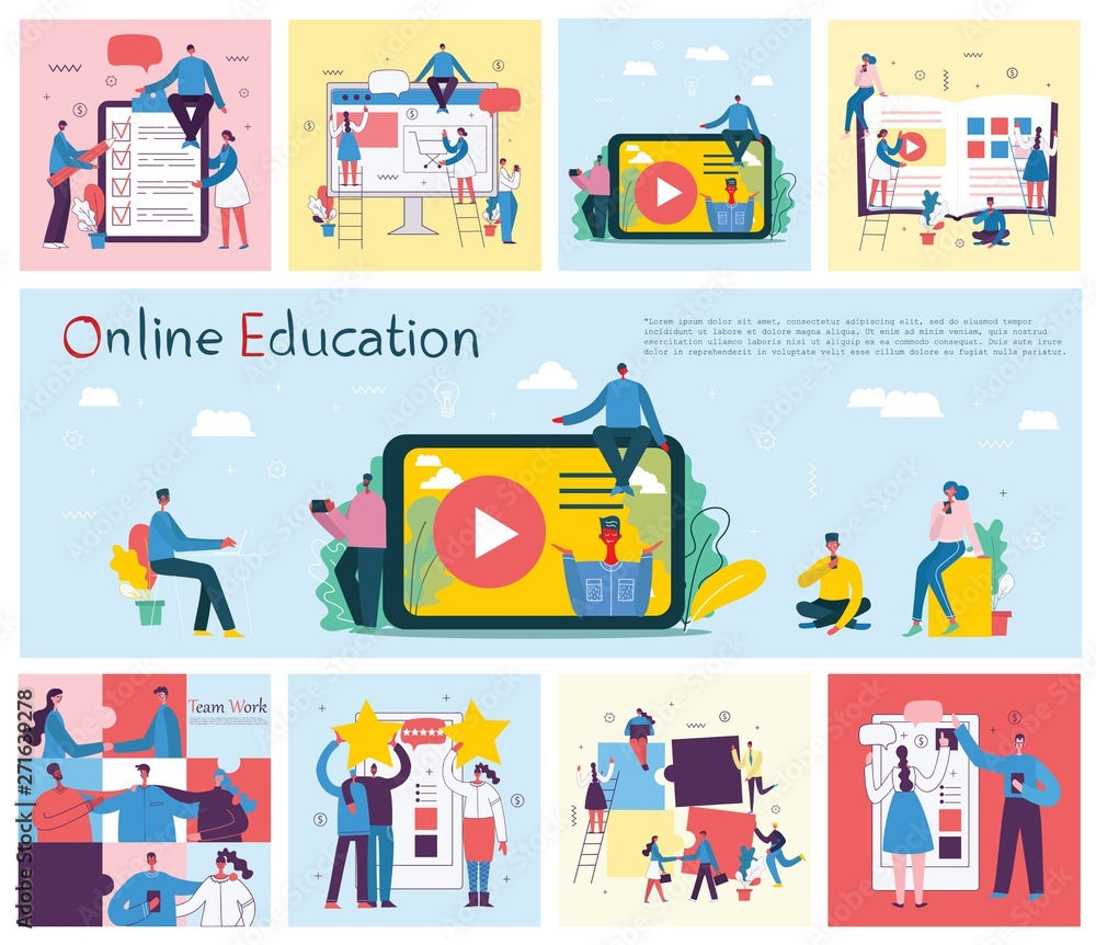 Vector illustration of concept of Online education, training and workshops in flat design
