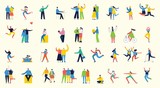 Vector illustration in a flat style of different activities people jumping, dancing, walking, business, couple in love, doing sport, have party.