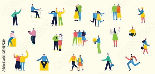 Vector illustration in a flat style of different activities people jumping, dancing, walking, business, couple in love, doing sport, have party. 