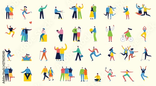 Vector illustration in a flat style of different activities people jumping  dancing  walking  business  couple in love  doing sport  have party.