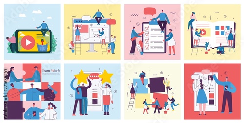Vector illustrations of the office concept business people in the flat style. E-commerce, online education, project management, start up, digital marketing and mobile advertising business concept