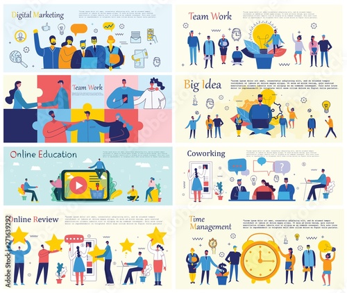 Vector illustrations of the office concept business people in the flat style. E-commerce, online education, project management, start up, digital marketing and mobile advertising business concept 