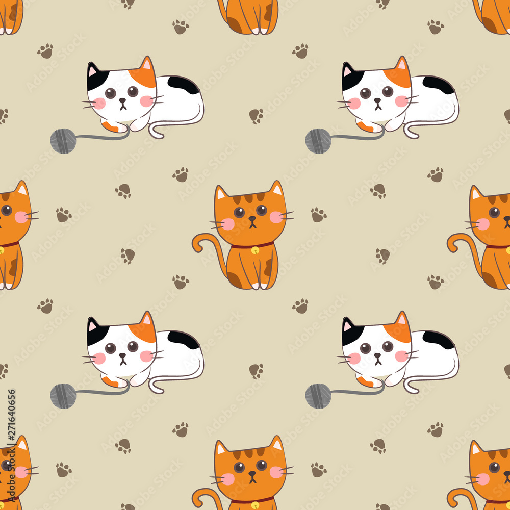 Obraz premium Seamless pattern cute cat play yarn ball.