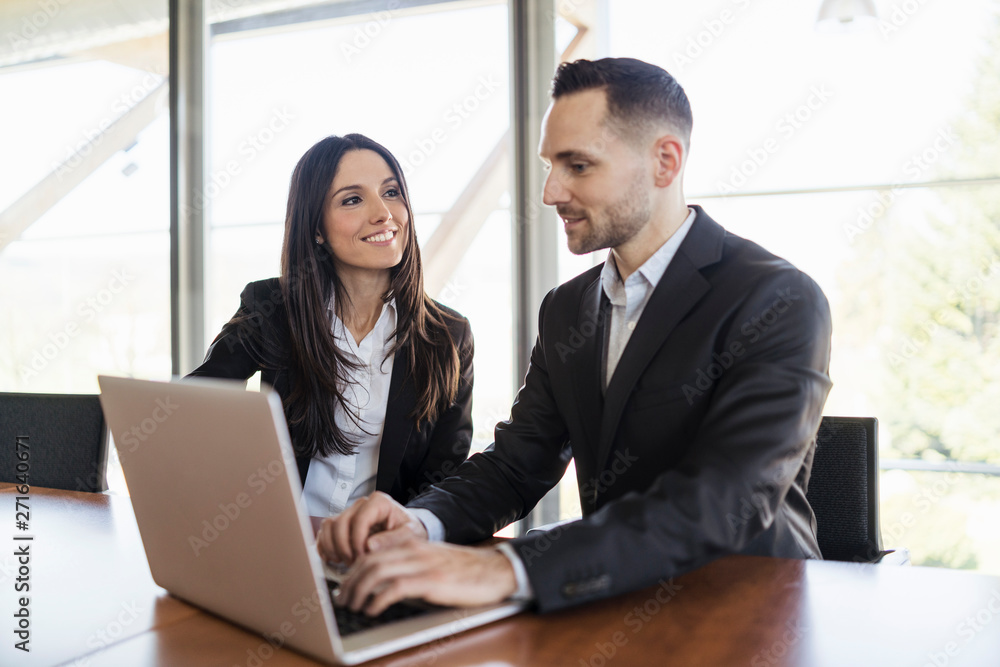 Smiling businesswoman and businessman with laptop working in office Smiling businesswoman and businessman with laptop working in office