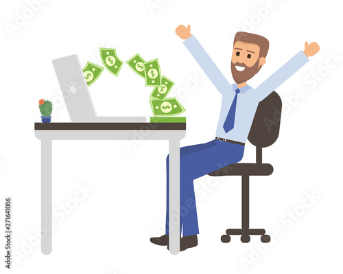 Successful businessman with green banknote money fan making thumbs up gesture sitting on office desk with laptop. Cartoon flat illustration Earning money on the Internet. Intellectual labour