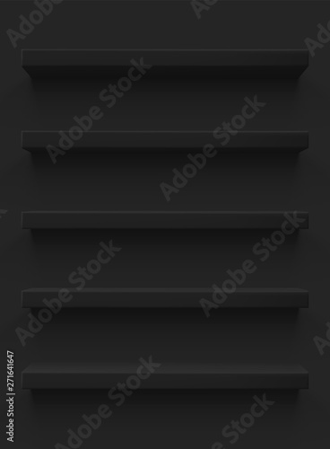 Black 3d shelf on the wall. Wooden horizontal realistic empty shelf