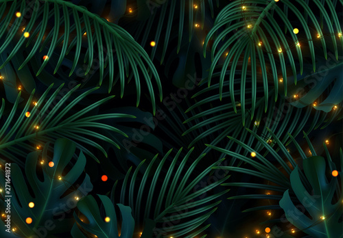 Branch palm realistic. Leaves and branches of palm trees. Tropical leaf background. Green foliage, tropic leaves pattern. illuminated bright lights of holiday garlands. vector illustration